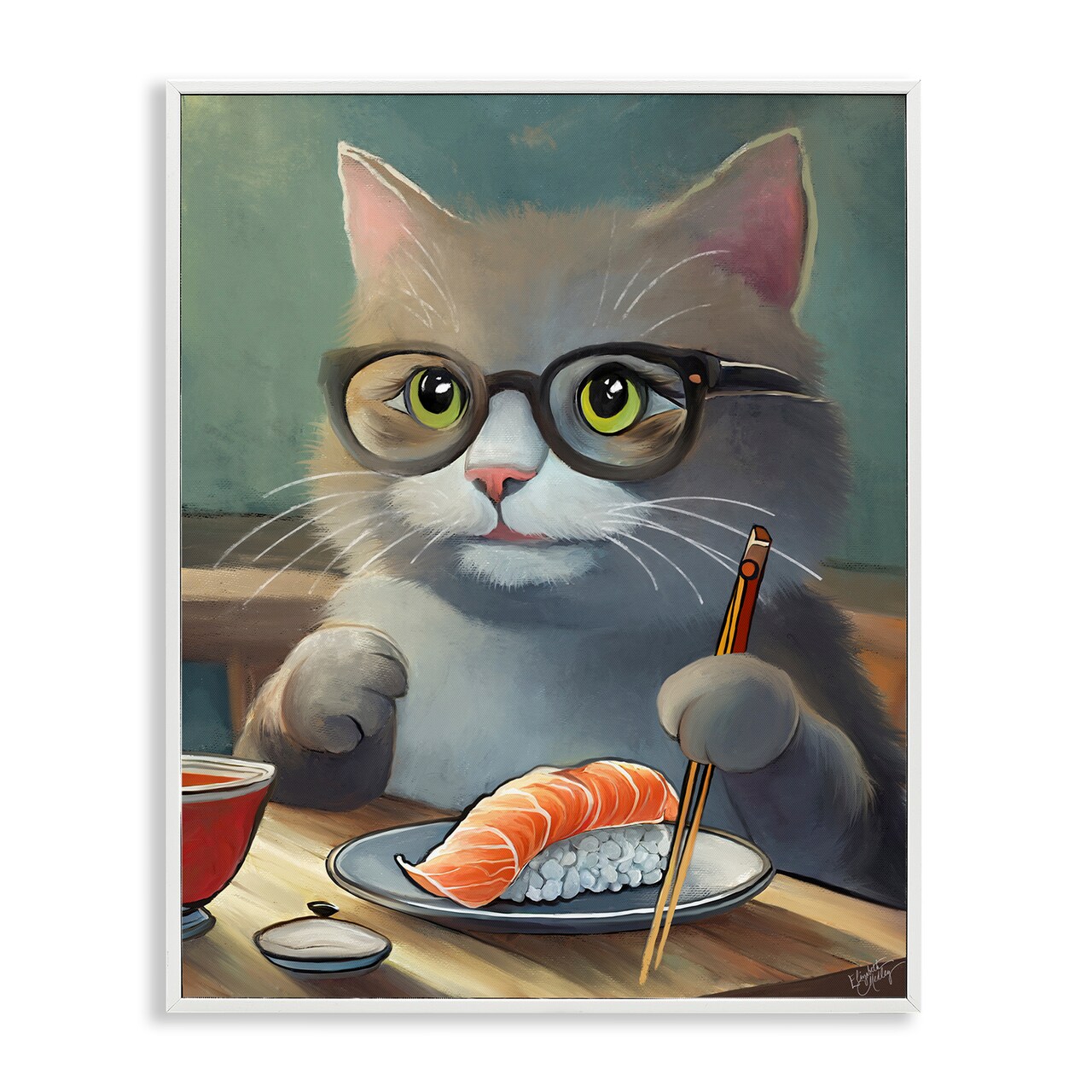 Stupell Industries Cat Eating Sushi Framed Giclee Wall Art Design by Elizabeth Medley